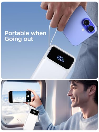 Power Bank, Portable Charger with Built in Cable Fast Charging Battery Pack - color: White