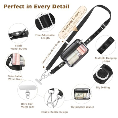 MoKo Adjustable Phone Crossbody Lanyard with Detachable RFID Wallet - color: Black&clear