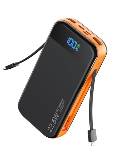 Phone Battery Bank 32000mAh 22.5W w/Built-in Cables & USB C Fast Charging - color: Orange