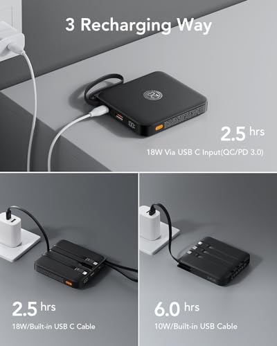 VRURC Portable Charger 20000mAh with Built-in 4 Cables 22.5W Fast Charging - color: Black