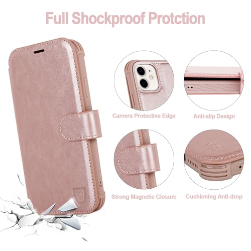 VANAVAGY Wallet Case for iPhone 11 6.1 inch, Rose Gold | 12ft Drop-proof Cover for Women Men, Silm PU Leather, RFID Blocking Card Holder, Wrist Strap, Screen Protector - color: Rose Gold