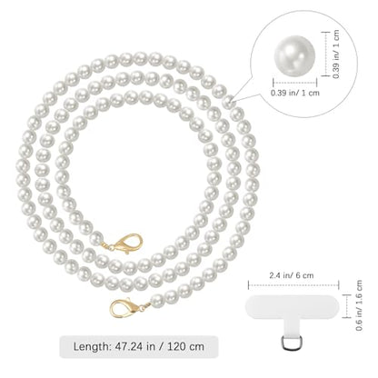 MoKo Pearl Beaded Phone Chain Lanyard Crossbody Strap with Patches - color: White-pearl