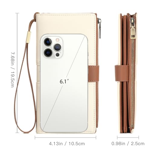 GAEKEAO Wallets for Women Leather RFID Blocking Large Capacity Card Case Ladies Wristlet Clutch Wallets Zipper Pocket with 4 ID Windows 21 Card Slots - color: White-Brown