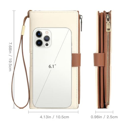 GAEKEAO Wallets for Women Leather RFID Blocking Large Capacity Card Case Ladies Wristlet Clutch Wallets Zipper Pocket with 4 ID Windows 21 Card Slots - color: White-Brown