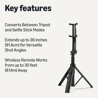 Amazon Basics 36" Portable Selfie Stick Mini Tripod for Phone with Detachable Remote, 360-Degree Rotation, 30-Foot Range, Compatible with iPhone, Samsung, and More, Black - size: 36inch