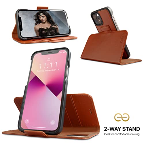Dreem Vegan Leather Magnetic Detachable Wallet Case for iPhone 13 Mini | Built-in Phone Stand, RFID Blocking Card Holder Flip Cover, MagSafe Compatible, Gift Box [Fibonacci: Caramel] - color: Caramel, size: iPhone 13 Mini