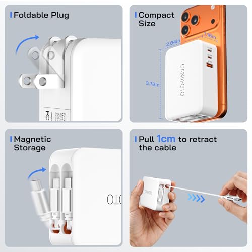50W Retractable Wall Charger with Dual Cables, Retractable Phone Charger - size: Type-C+Type-C Cables