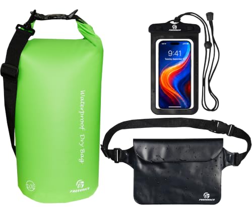 Freegrace Waterproof Dry Bag with Double Zip-Lock, Phone Case & Waist Pouch | 20L Green, Submersible 500D Drysack, Crossbody Strap & Grab Handle, Gear For Kayaking, Boating, Beach, Swimming, Scuba Diving - color: Green, size: 20L, style: Without Window