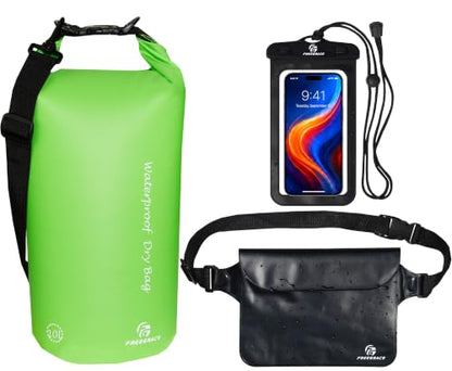 Freegrace Waterproof Dry Bag with Double Zip-Lock, Phone Case & Waist Pouch | 20L Green, Submersible 500D Drysack, Crossbody Strap & Grab Handle, Gear For Kayaking, Boating, Beach, Swimming, Scuba Diving - color: Green, size: 20L, style: Without Window