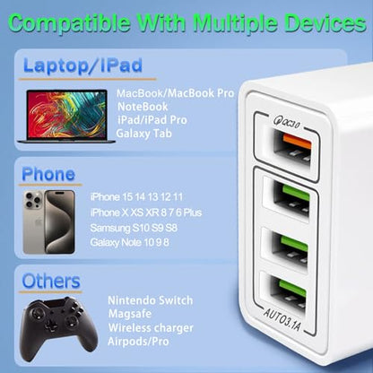 USB Charger 40W Quick Charge 3.0, 5V/3.1A 4 Port Fast Charging Block - color: (4*USB)Wihte