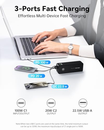 27000mAh 120W Fast Charging Power Bank, High Capacity 3-Port Laptop Portable Charger with Smart Display, Compatible with iPhone 16/15/14, Vision Pro, Samsung, MacBook & More