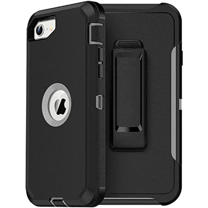 MXX Heavy Duty Protective Case for iPhone SE 2020/22 with Screen Protector, 3 Layers, Rugged Rubber, Rotating 360 Degree Belt Clip, Black/Gray - color: Black/Gray