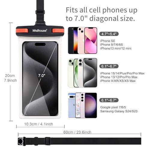 wellhouse Waterproof Phone Pouch, Waterproof Phone Case for iPhone 17 16 15 14 13 Pro Max XS Samsung, IPX8 3D Cellphone Dry Bag Beach Essentials (1 Pack - Black/Red Clasp7.0, 7 inch) - color: 1 Pack - Black/Red Clasp7.0"