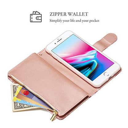 UEEBAI Wallet Case for iPhone 7 Plus iPhone 8 Plus, Premium PU Leather Case Magnetic Closure Geometric Marble Flower Pattern Handbag Zipper Pocket Case Kickstand Card Slots Flip Cover - Rose Gold#2 - color: Pink Flower, size: iPhone 7 Plus/iPhone 8 Plus