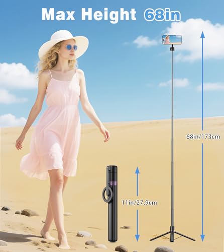 TONEOF 68" Magnetic Aluminum Phone Tripod Selfie Stick for iPhone & Android - color: Black