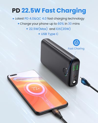 Portable Charger Power Bank 30000mAh USB C 22.5W Fast Charging Black