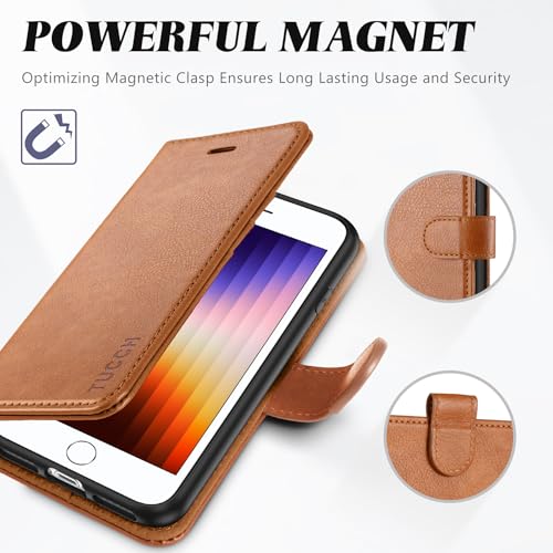 TUCCH Wallet Case for iPhone SE 2022/ SE2020/iPhone 7/8/, Light Brown | 3 Card Holders, Kickstand, PU Leather, Shockproof TPU Shell, Magnetic Closure, Protective Folio Cover - color: Brown - Textured