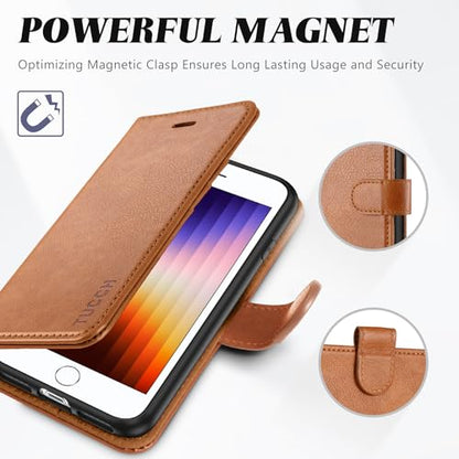 TUCCH Wallet Case for iPhone SE 2022/ SE2020/iPhone 7/8/, Light Brown | 3 Card Holders, Kickstand, PU Leather, Shockproof TPU Shell, Magnetic Closure, Protective Folio Cover - color: Brown - Textured