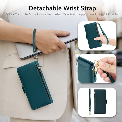 COBEAR for iPhone 15 Pro Max Case Wallet, 2-in-1 Magnetic Detachable, PU Leather, Zipper Pocket, Kickstand, Wrist Strap, Women Men Flip Wallet Case with Card Holder for iPhone 15 Pro Max, Blue Green