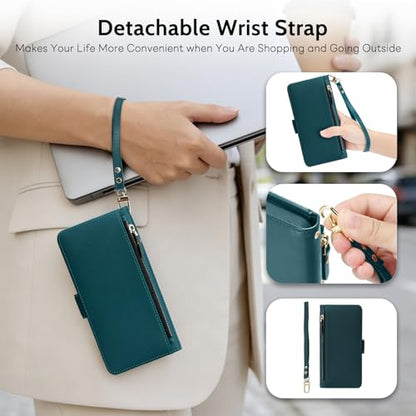 COBEAR for iPhone 15 Pro Max Case Wallet, 2-in-1 Magnetic Detachable, PU Leather, Zipper Pocket, Kickstand, Wrist Strap, Women Men Flip Wallet Case with Card Holder for iPhone 15 Pro Max, Blue Green