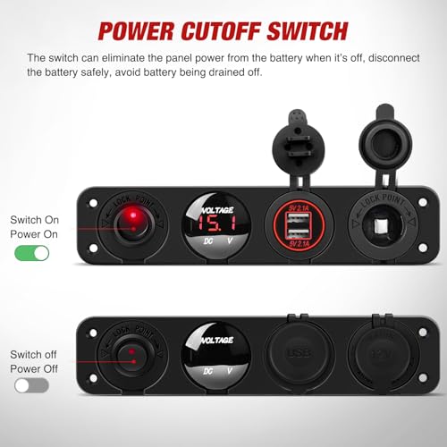 Nilight 4 in 1 ON/Off Charger Socket Panel Dual USB Power Outlet LED Voltmeter Cigarette Lighter Socket Lighted ON Off Rocker Toggle Switch for Truck Car Marine Boats RV,2 Years Warranty - color: Red