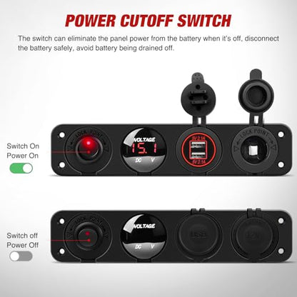 Nilight 4 in 1 ON/Off Charger Socket Panel Dual USB Power Outlet LED Voltmeter Cigarette Lighter Socket Lighted ON Off Rocker Toggle Switch for Truck Car Marine Boats RV,2 Years Warranty - color: Red