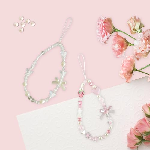 Pink Beaded Phone Wrist Straps, Y2K Phone Case Charms Camera Charm Strap, Lanyard Keychain Wristlet Aesthetic Cellphone Charm - style: 2 Cute Pink & White Strawberry