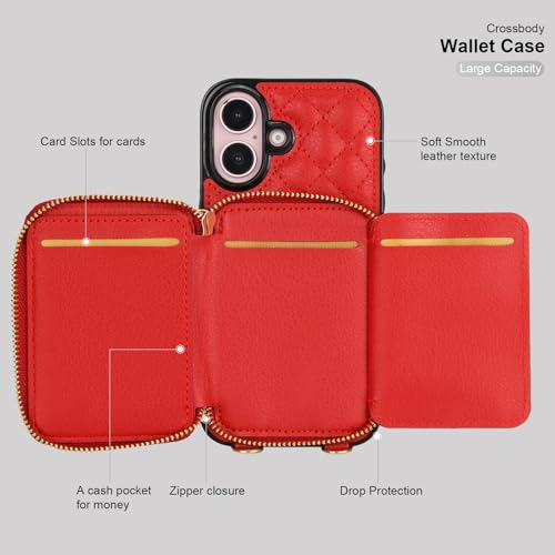 Bocasal Crossbody Wallet Case Card Holder for iPhone 16, Red | RFID Blocking PU Leather Zipper Handbag Purse, Kickstand Flip Folio Case with Card Slots Holder Wrist Strap Lanyard 6.1 Inch - color: Red