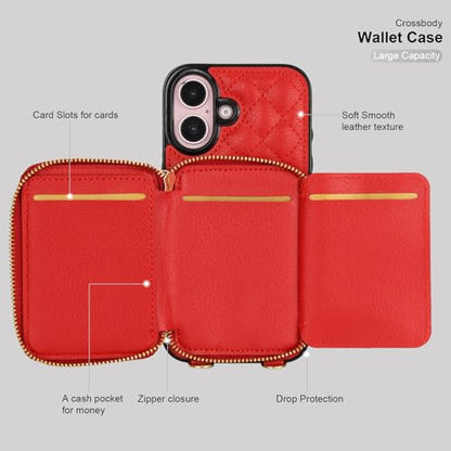 Bocasal Crossbody Wallet Case Card Holder for iPhone 16, Red | RFID Blocking PU Leather Zipper Handbag Purse, Kickstand Flip Folio Case with Card Slots Holder Wrist Strap Lanyard 6.1 Inch - color: Red