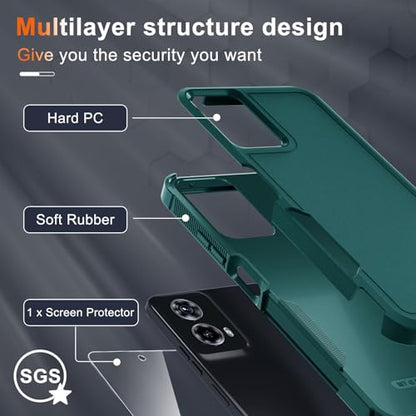 Case Compatible with Moto G 5G 2024, Full Body Heavy Duty Rugged Shockproof Protective Phone Cover with Lanyard Strap, Tempered Glass Screen Protector, Dark Green | with Tempered Glass Screen Protector+Lanyard Strap,Rugged Shockproof Protective Phone Case