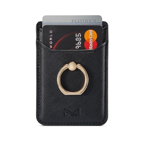 Card Holder Sleeve with Ring, RFID Credit Wallet PU Leather Stick On Back Grip for iPhone Samsung Smartphone - Black