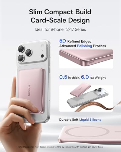 Baseus Picogo Power Bank, 0.5" Ultra Slim 10000mAh MagSafe Portable Charger, Upgraded CCC Certified 27W Fast Charging Magnetic Battery Pack, Alloy Wireless Charger for iPhone 17/16/15/14/13/12 - color: Polished Rose Pink