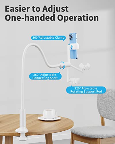 SAIJI Gooseneck Phone Holder for Bed, 360° Rotate Support Rod One-Hand Adjustable Cell Phone Stand, Compatible with All 4.7-7" Devices (White) - color: White