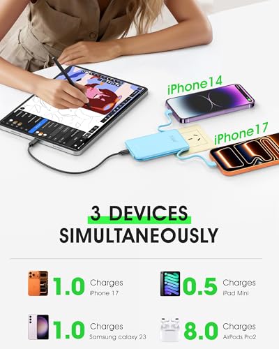 TG90° 5000mah Ultra Slim Power Bank Built-in AC Plug & 2 Cables,Blue - color: Blue