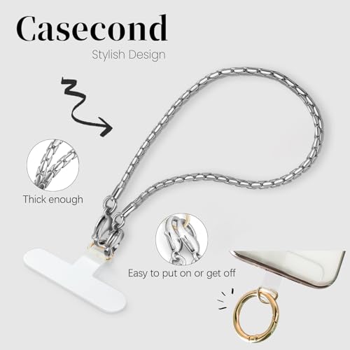 Phone Wrist Strap Metal Phone Chain Lanyard Hand Wristlet Detachable Phones Charm with 3 Tether Tabs with CellPhone Stand Holder Finger Grip Universal for Women Girls Traveling Party Walking Silver - color: T-Silver