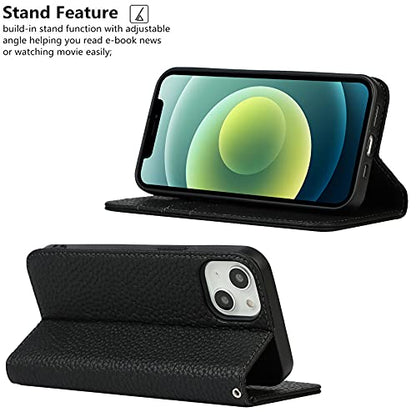 iCoverCase Compatible with iPhone 13 Wallet Case with Credit Card Holder and Wrist Strap, RFID Blocking Genuine Leather Flip Magnetic Phone Cover 6.1 Inch (All Black) - color: 1-All Black (No Headphone Storage Belt), size: iPhone 13