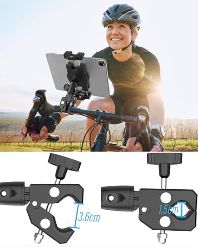 Aluminum Bike Tablet Mount Camera Clamp, Handlebar Tablet Holder for Motorcycle, Bicycle, Scooter, Stroller, Wheelchair for iPad Pro Air Mini, Galaxy TabS, Z Fold, Fire, iPhone, 4.7-13" Devices