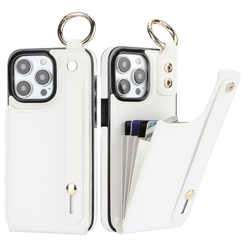 Folosu for iPhone 15 Pro Max Wallet Case with Card Holder, Hand Wrist Strap Loop Holder Kickstand, RFID Blocking Finger Grip Ring PU Leather Double Buttons Shockproof Cover 6.7" White - color: White