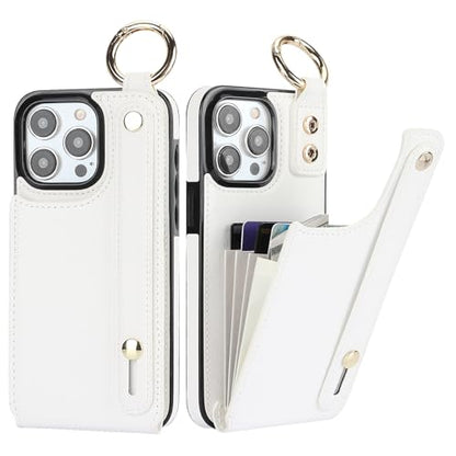 Folosu for iPhone 15 Pro Max Wallet Case with Card Holder, Hand Wrist Strap Loop Holder Kickstand, RFID Blocking Finger Grip Ring PU Leather Double Buttons Shockproof Cover 6.7" White - color: White