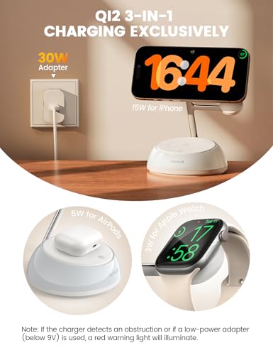 Lamicall 4-in-1 Qi2 Certified Wireless Charging Station for Magsafe, [LED Night Light] 15W Fast Magnetic Charger Stand Gifts, for iPhone 18 Pro/Max/Duo 17 16 15 14 13 12, Watch, Air pods, 30W Adapter