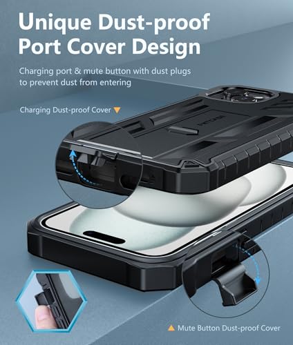 FNTCASE for iPhone 15 Plus Case with Belt Clip, Rugged Kickstand | Built-in Screen Protector, Military-Grade Drop Protection, Heavy Duty Shockproof Holster Protective Cover - color: T-Black