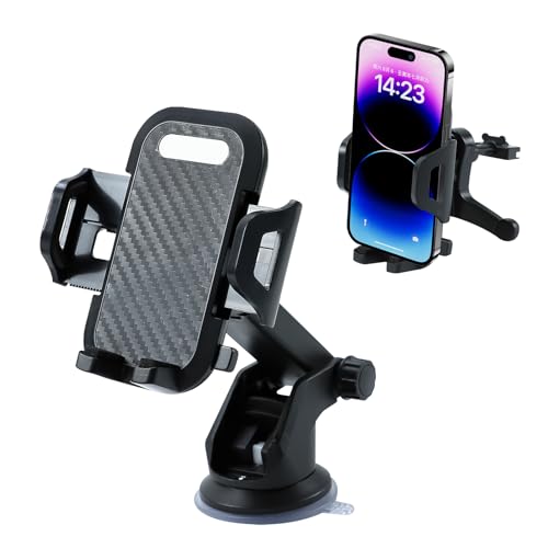 Car Phone Holder, Strong Suction Cup Dashboard Cellphone Holder for Car, Extendable&Foldable, 360° Adjustable Vehicle Phone Mount with Air Vent Hook, Universal Fit All Smartphones (2 in 1)