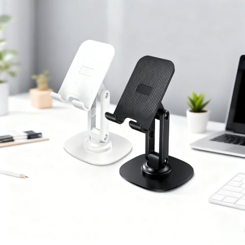 2-Pack Desk Phone Stand - Black and White, Adjustable Foldable Mobile Holders with 360° Rotating Base for All Smartphones