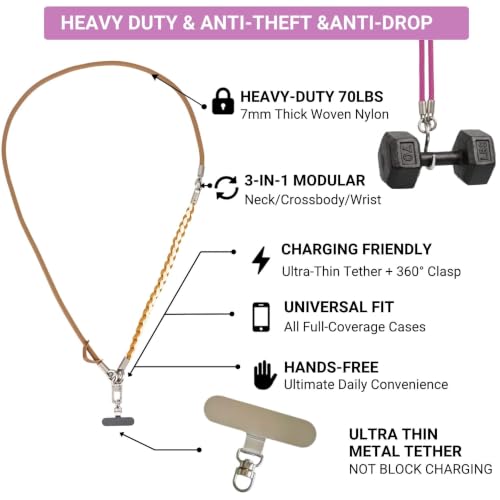 3-in-1 Crossbody Phone Lanyard, Cellphone Wrist Strap, Neck Holder for Travel, Dog Walking Accessories Anti-Theft - color: Khaki