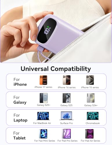 RETMSR Portable Charger 20000mAh 45W USB C Fast Charging, Built-in Cable - color: Taro Purple