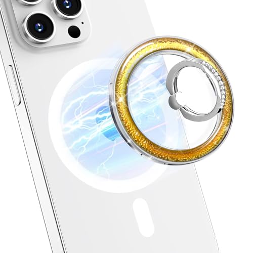 Transparent Shiny Magnetic Phone Ring Holder,360° Rotatable Removable Phone Grip,Clear Gold Sparkle Diamond Stylish Design Compatible with All Phones & Tablets - color: Clear Gold 1
