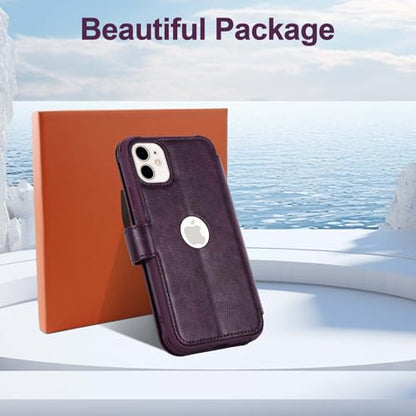VANAVAGY Wallet Case for iPhone 11 6.1 inch, Purple | 12ft Drop-proof Cover for Women Men, Silm PU Leather, RFID Blocking Card Holder, Wrist Strap, Screen Protector - color: Purple