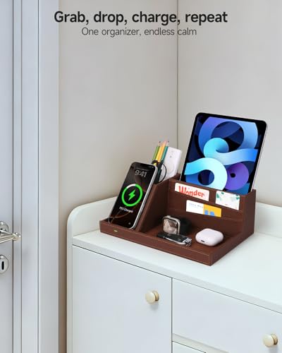 Fast Wireless Charging Station with Desk Organizer for iPhone 17/16/15/15 Pro/14/14 Pro Max/14 Pro/14 Plus/13/13 Pro Max/13 Pro/and iPhone 12/11 Series, Nightstand Desktop Organizer, Brown - color: Brown
