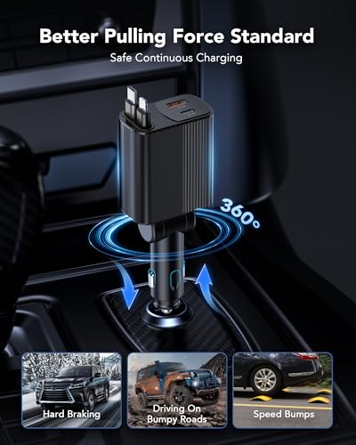 Retractable Car Charger, 85W Phone Charger for Car 4-in-1 Fast Charge - color: Black