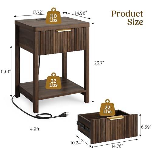 Night Stand Set 1, Fluted Wood Bedside Table w/Socket Station for Bedroom - color: Walnut, size: 1 Drawer-Set of 1 Nightstand